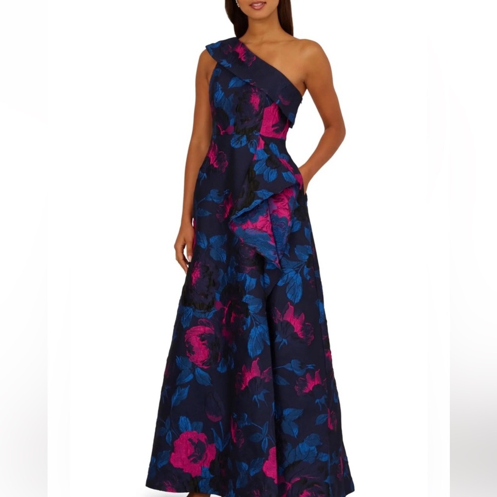 NEW ADRIANNA PAPELL one-shoulder floral jacquard a-line gown navy orchid, 10 US